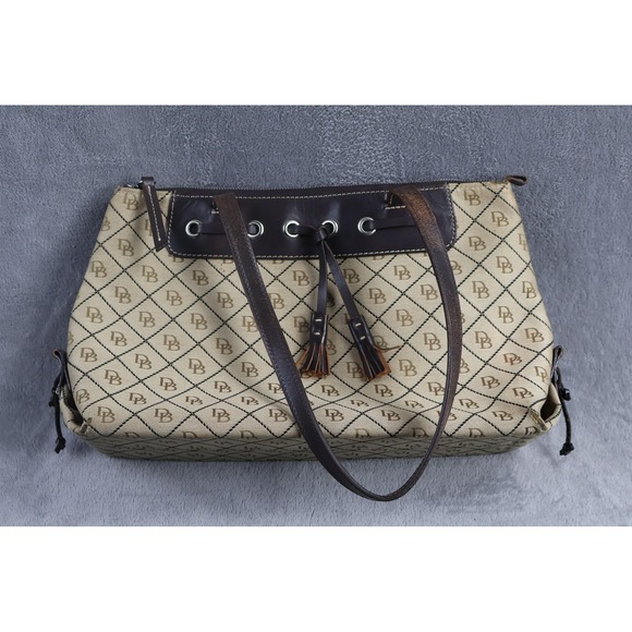 Dooney & Bourke Handbags - Dooney & Bourke Tote Womens Large Beige Monogram Canvas Leather Shoulder Handbag